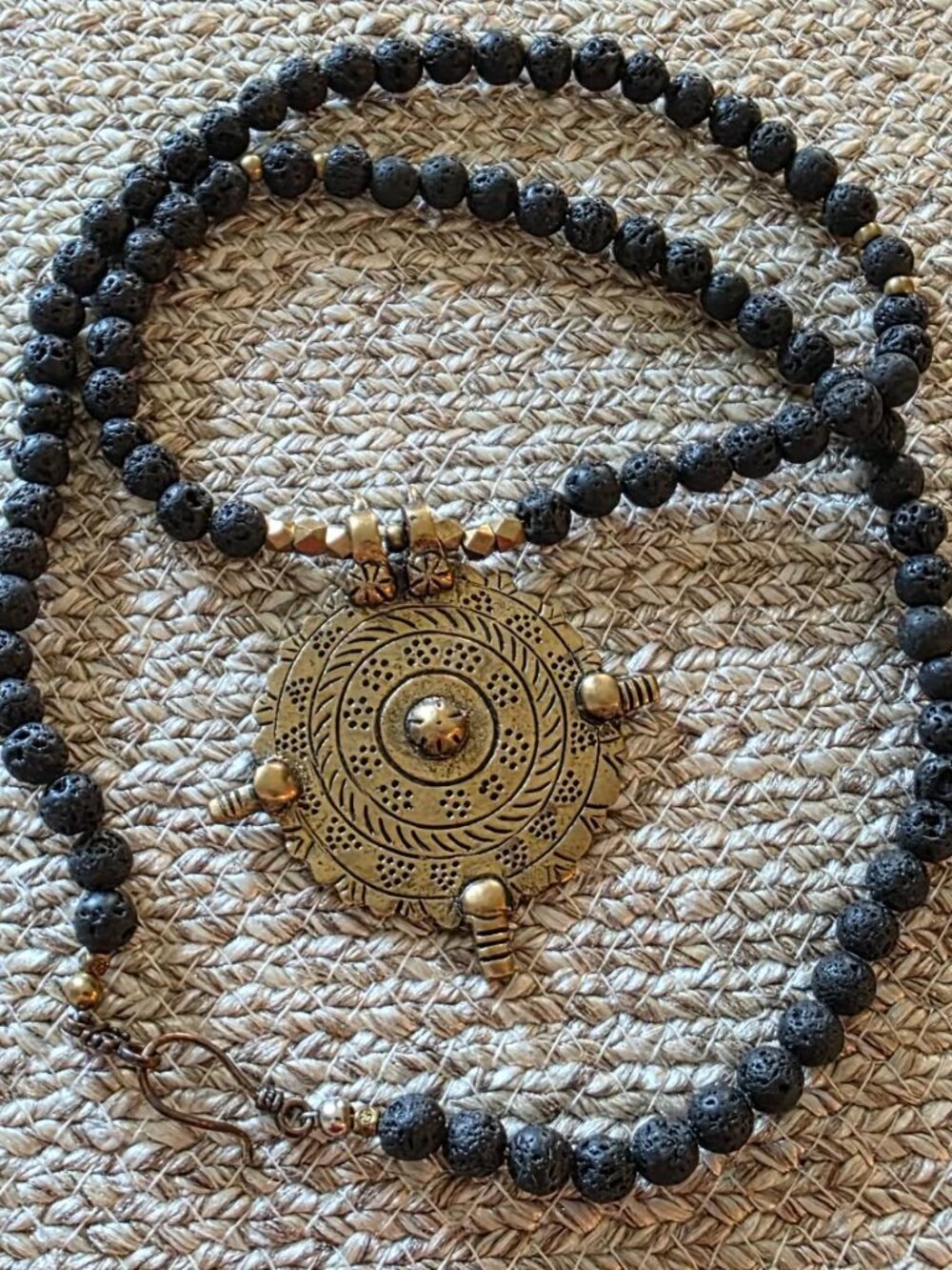 MANDALA-Tribal Brass ,Black Lava beaded necklace